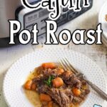 Serving of pot roast on a plate. Text overlay for Pinterest.