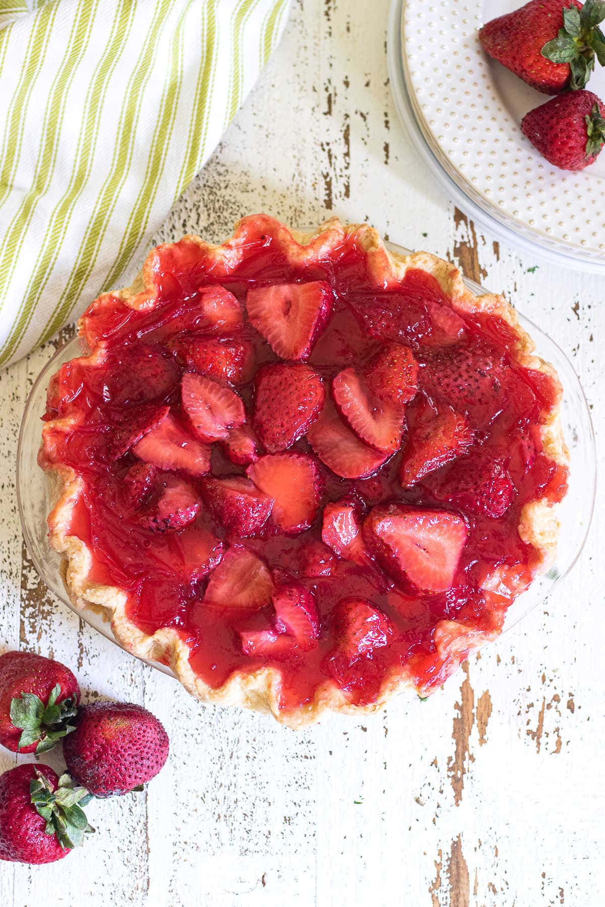 Overhead view of a strawberry pie.