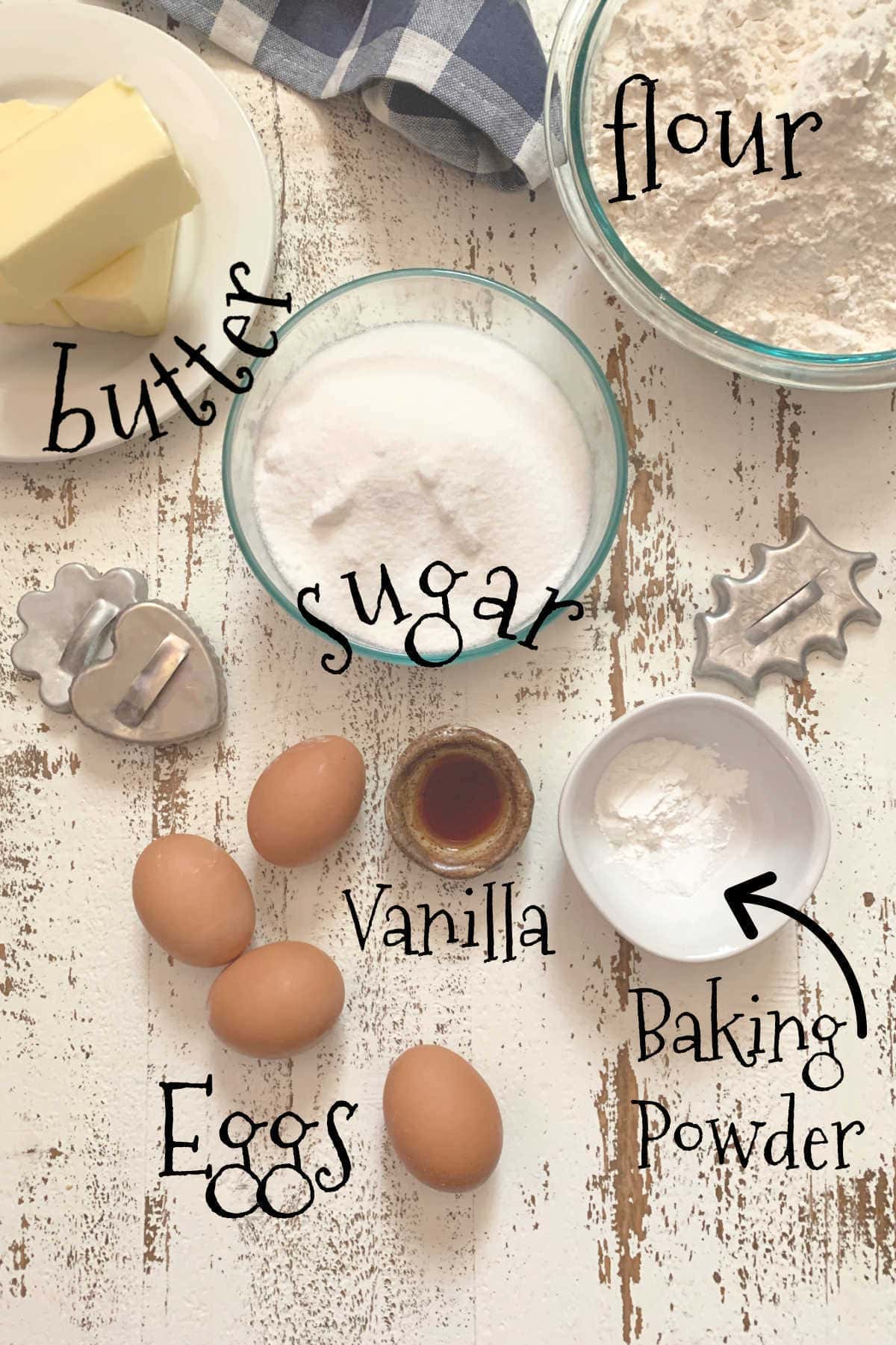 Labeled ingredients for sugar cookies.