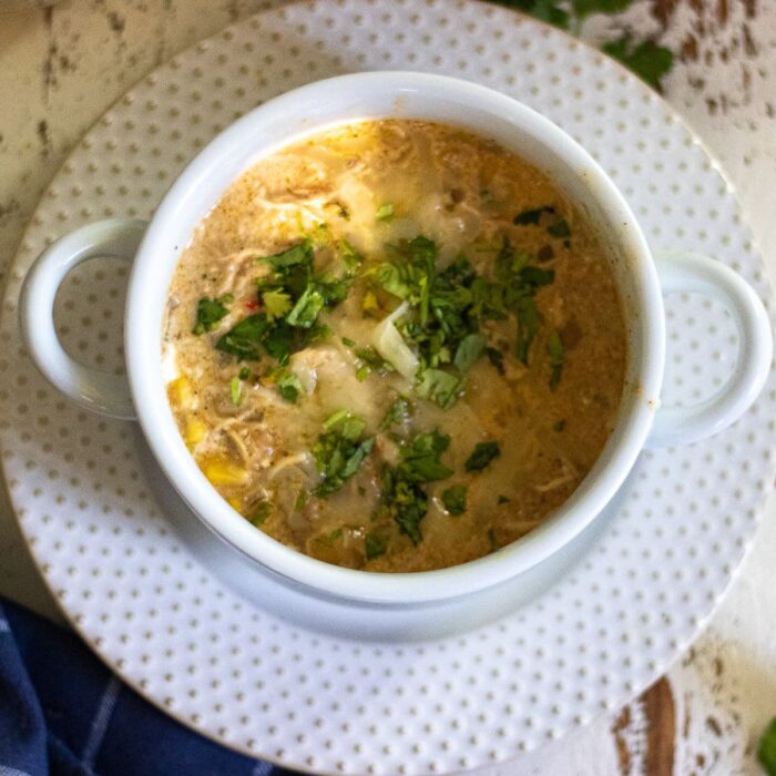 Bowl of chicken chili on a white plate.