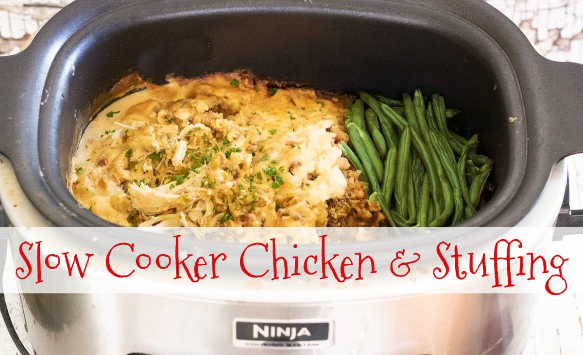 Chicken and stuffing in a slow cooker with a title text overlay. Image is linked to the video on YouTube.