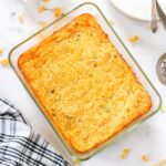 Cornbread casserole seen from the top.