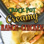 Collage of chicken in the crockpot and a serving on a plate. Pinterest Pin.