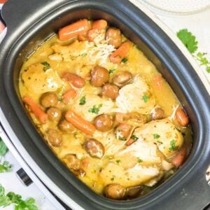 Ranch chicken in the slow cooker waiting to be served.