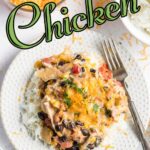 Overhead shot of fiesta chicken on a white plate with a colorful title text overlay for Pinterest.