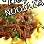 Beef and noodles on a white plate with a text overlay for Pinterest
