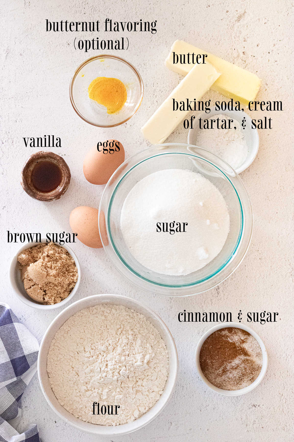 Ingredients for snickerdoodle cookies with labels.