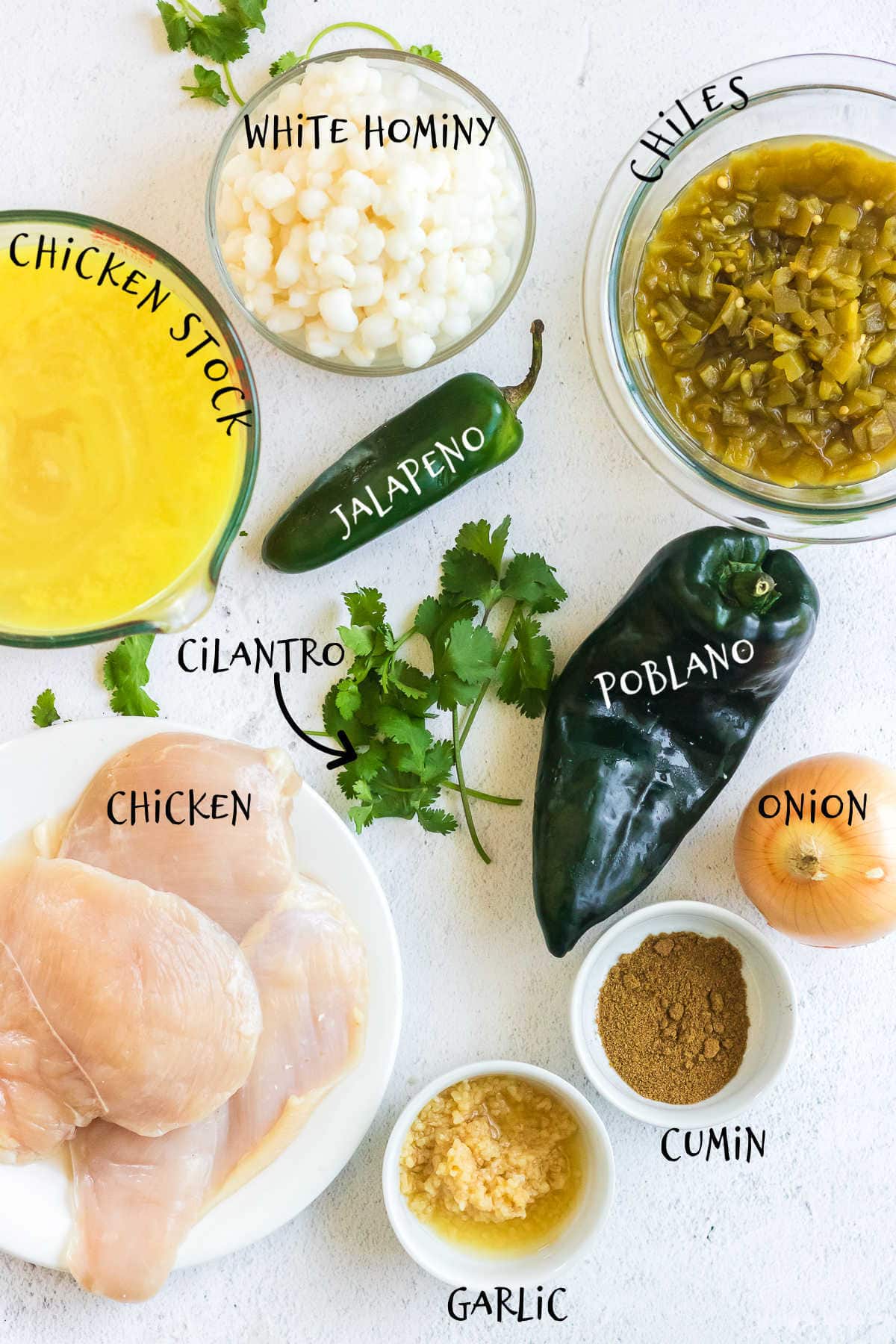 Labeled ingredients for pozole verde.