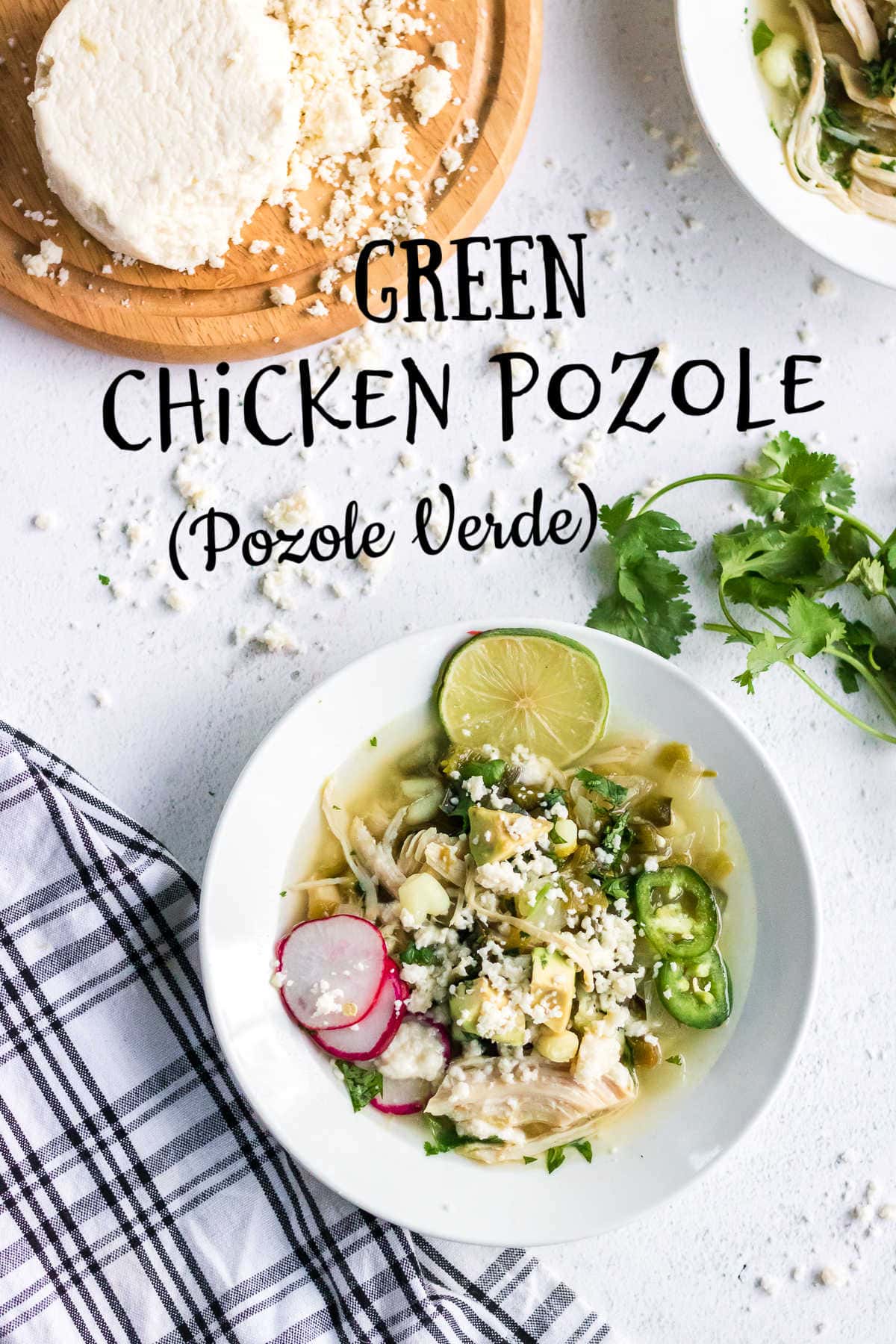 Overhead view of pozole verde with a title text overlay.