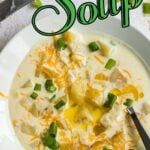 Soup in a bowl with a text overlay for Pinterest.