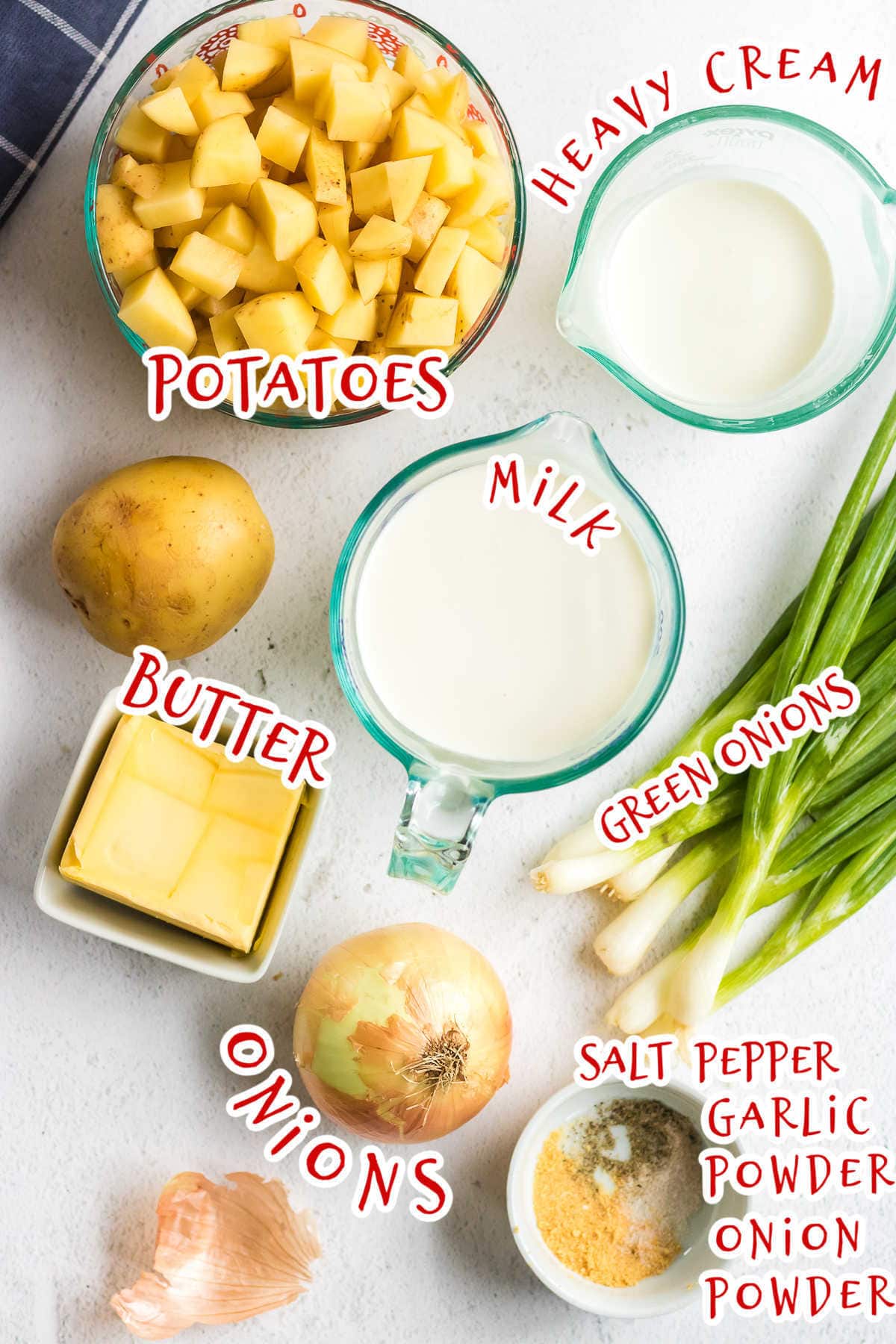 Labeled potato soup ingredients.