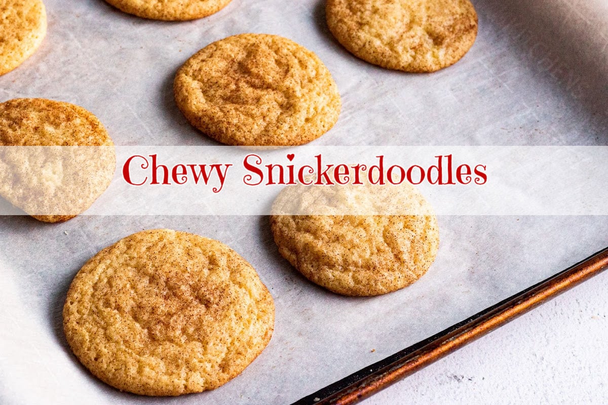 Snickerdoodles on a cookie sheet with title overlay. Clickable image goes to YouTube.