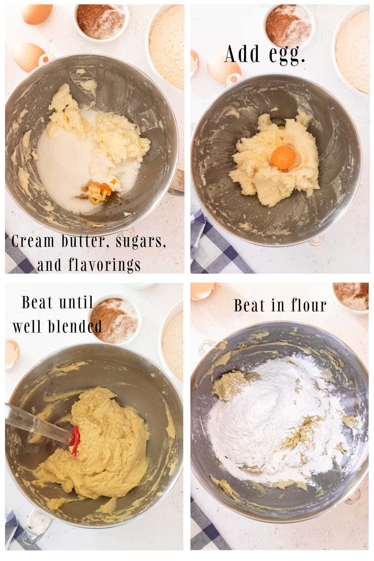 Step by step images of making snickerdoodle dough.