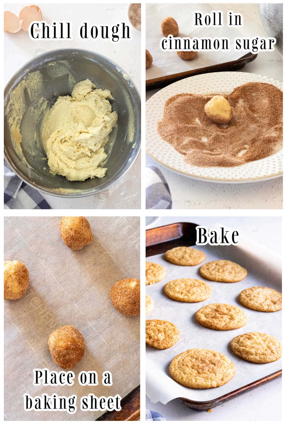 Collage of shaping snickerdoodle cookies.