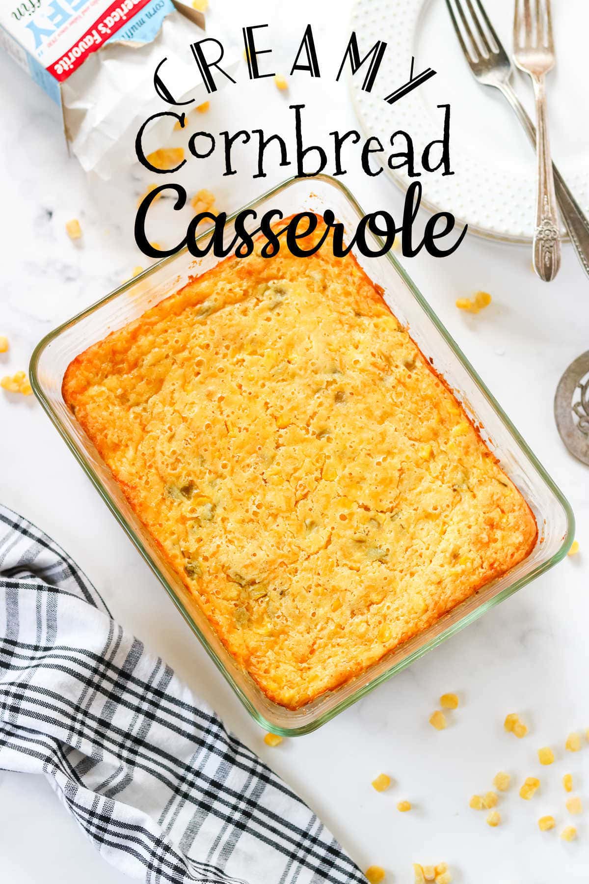 Baked cornbread casserole with title text overlay.