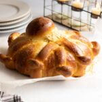 Close up of a finished loaf of pan de muerto.