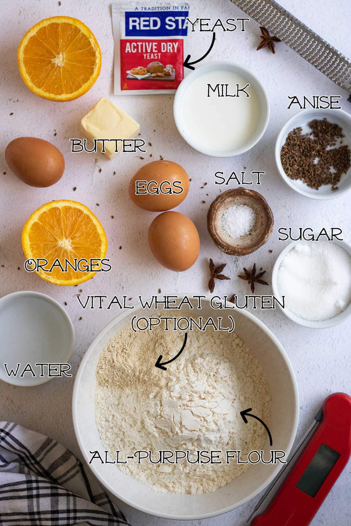Labeled ingredients for day of the dead bread.