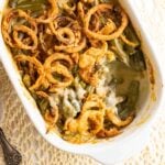 Closeup overhead view of finished green bean casserole.