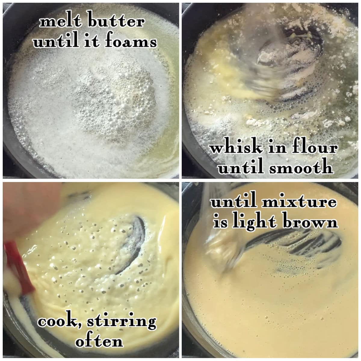 Step by step images showing how to make a roux.