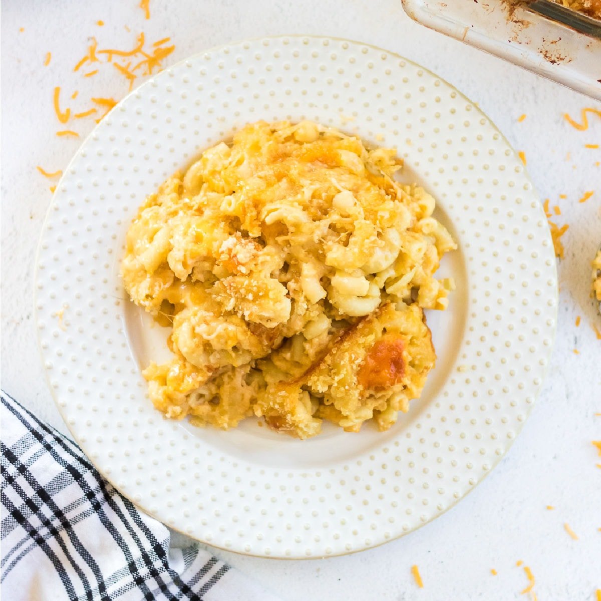 Overhead view of a serving of macaroni and cheese.