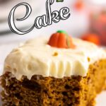 Closeup of a serving of cake with text overlay for Pinterest.