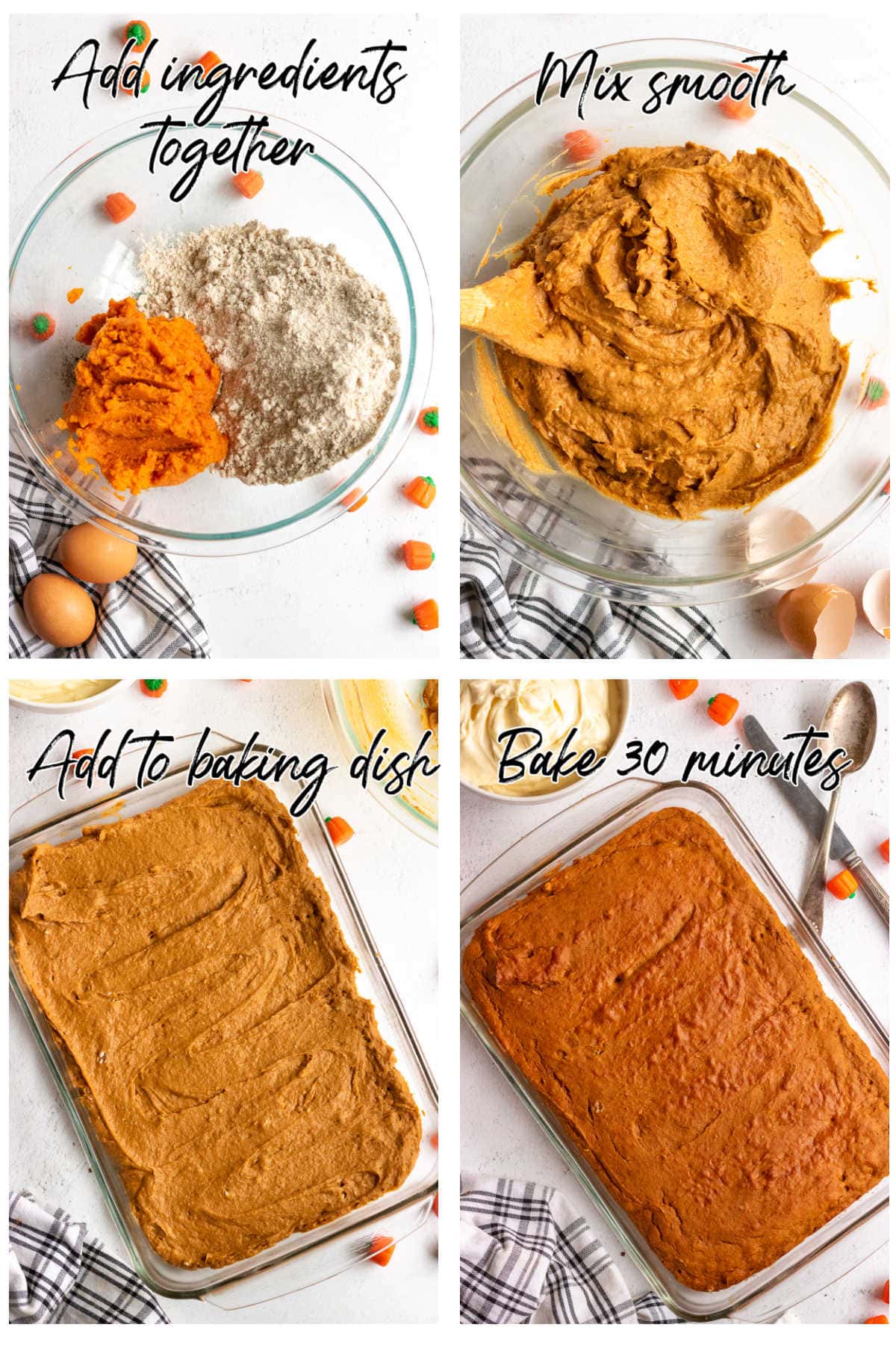 Step by step images showing how to make pumpkin cake.