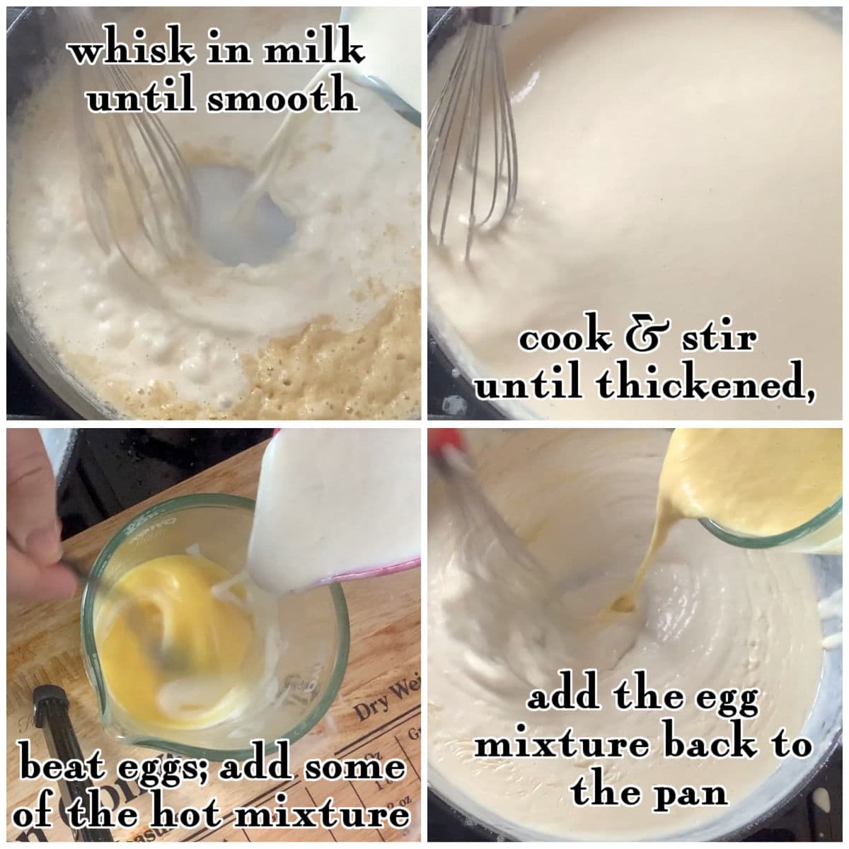 Steps 5 through 8 of making the roux.