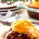 Shepherd's Pie on a plate with text overlay for Pinterest