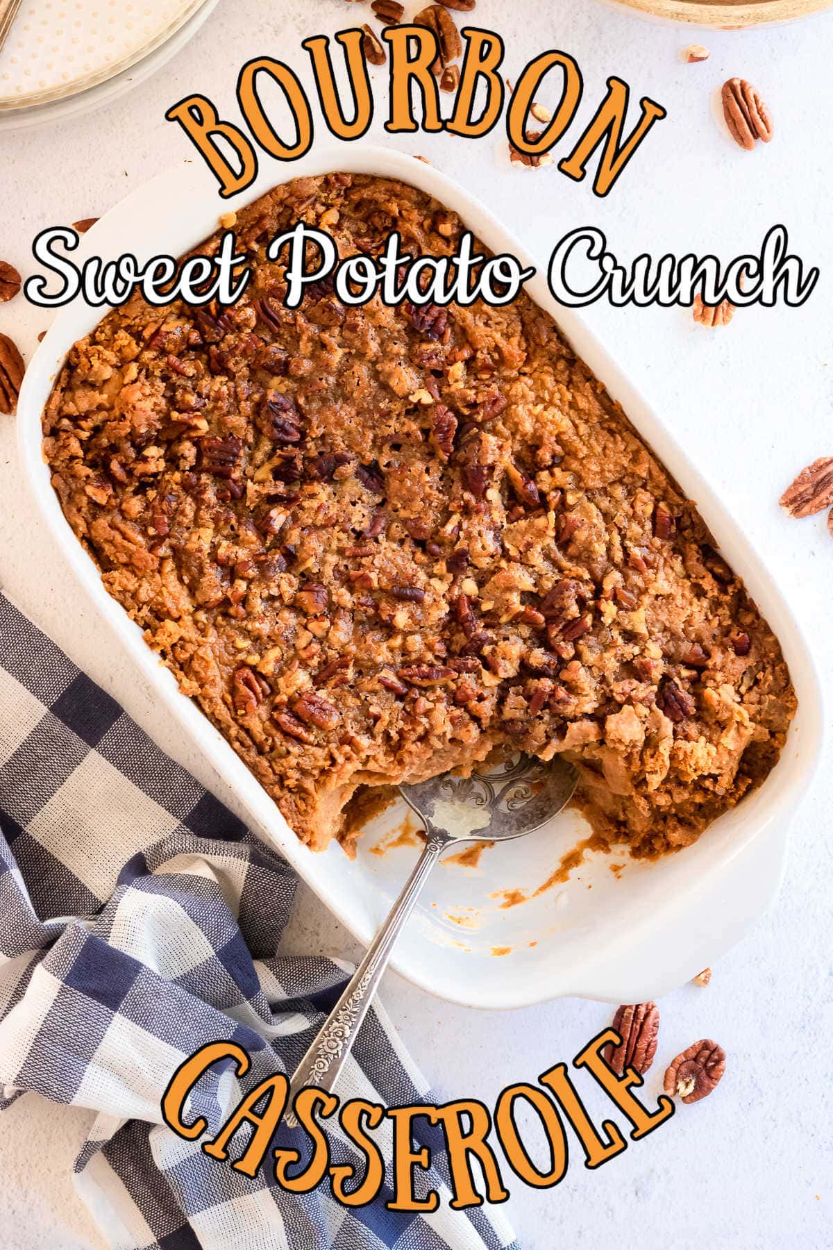 Overhead view of sweet potato casserole with title text overlay.