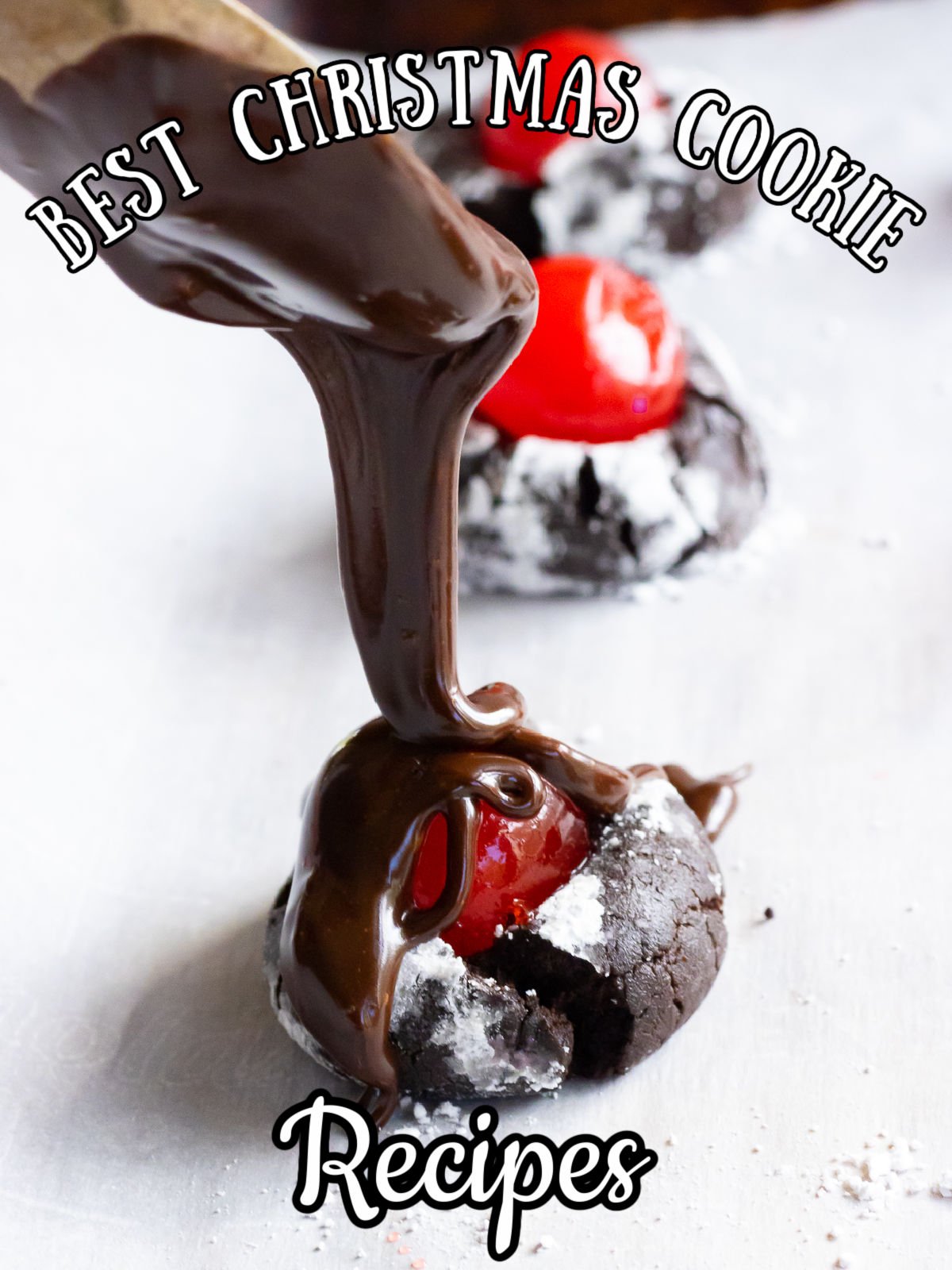 Chocolate being drizzled over a chocolate cherry cookie. TItle text overlay.