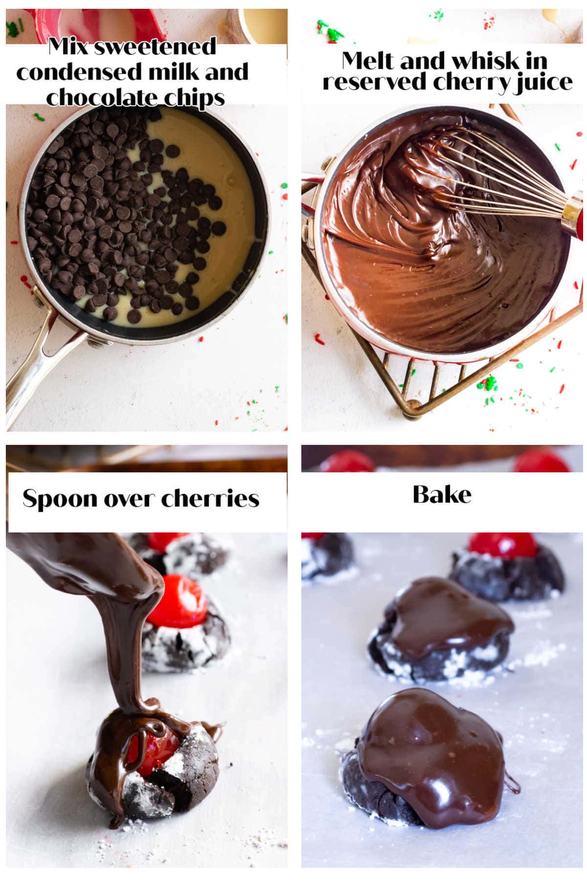 Step by step images for how to make the ganache and cover the cherries.