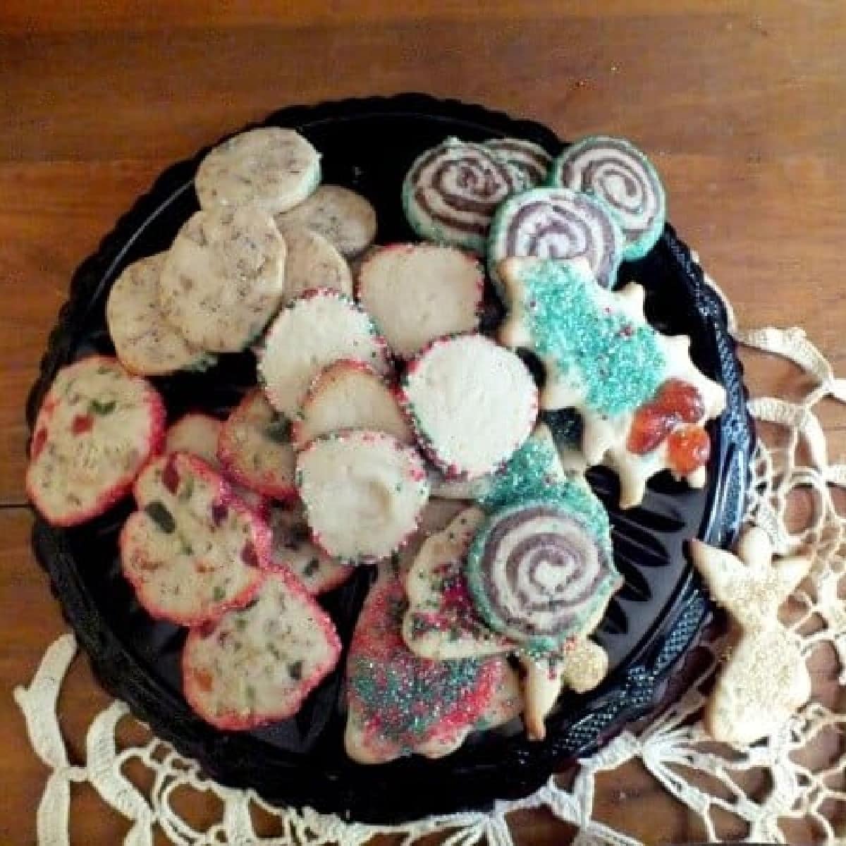 Plate of assorted holiday cookies.