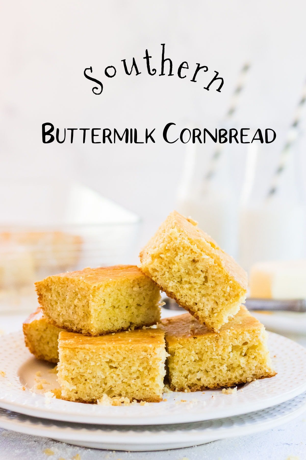 Stacked squares of cornbread with text overlay. Title image.