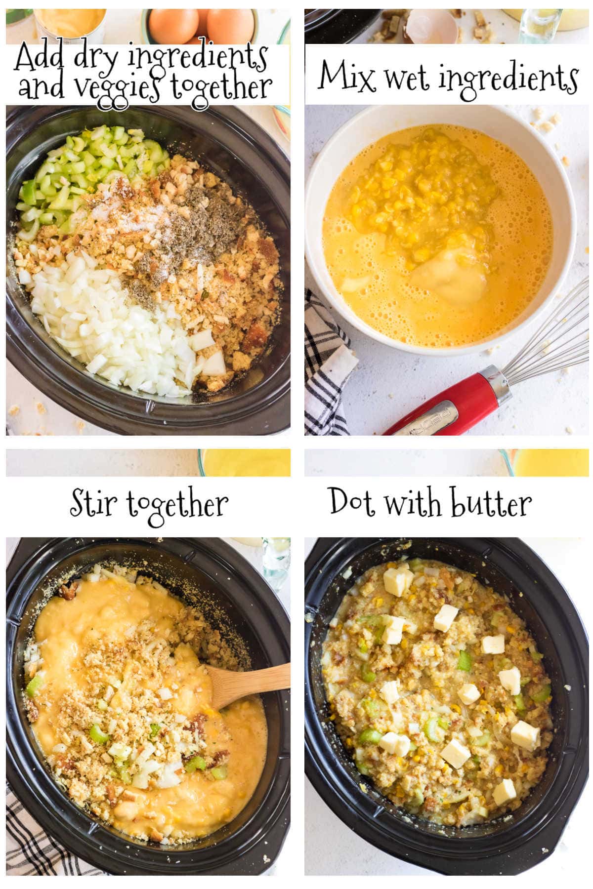 Step by step images for making dressing in a slow cooker.