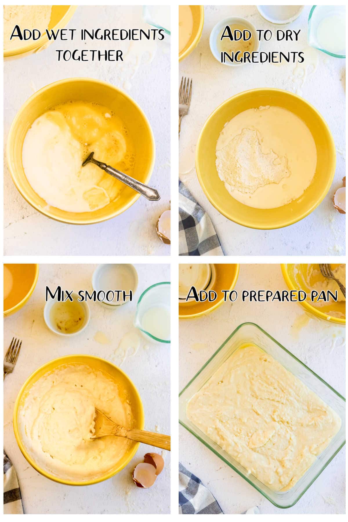 Step by step images for making cornbread.