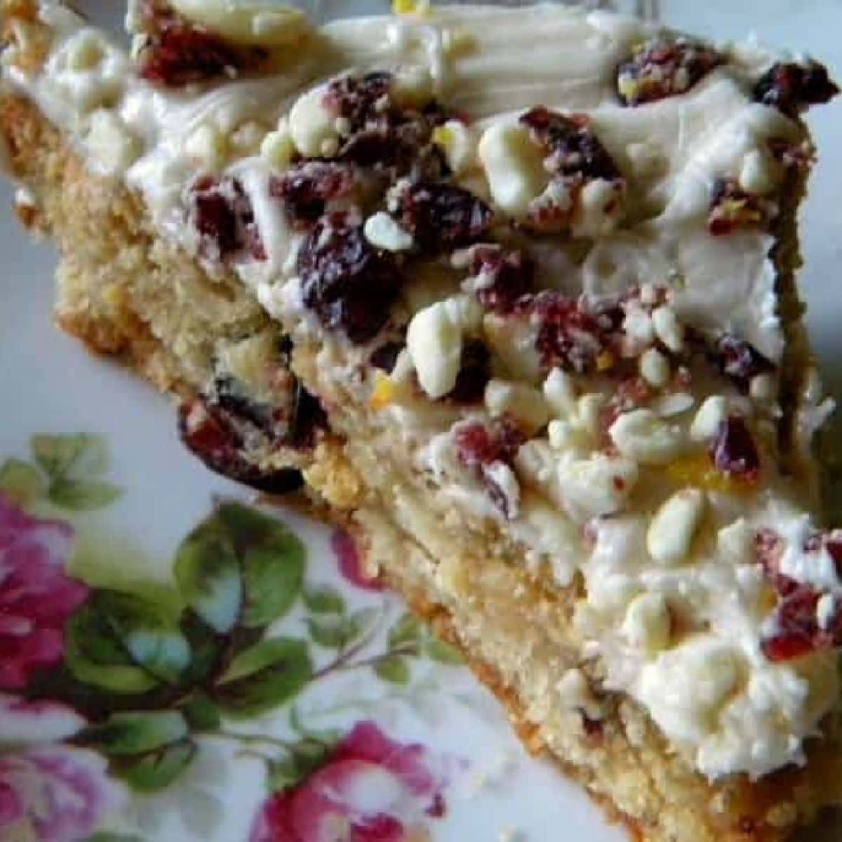 Closeup of cranberry bliss bar.