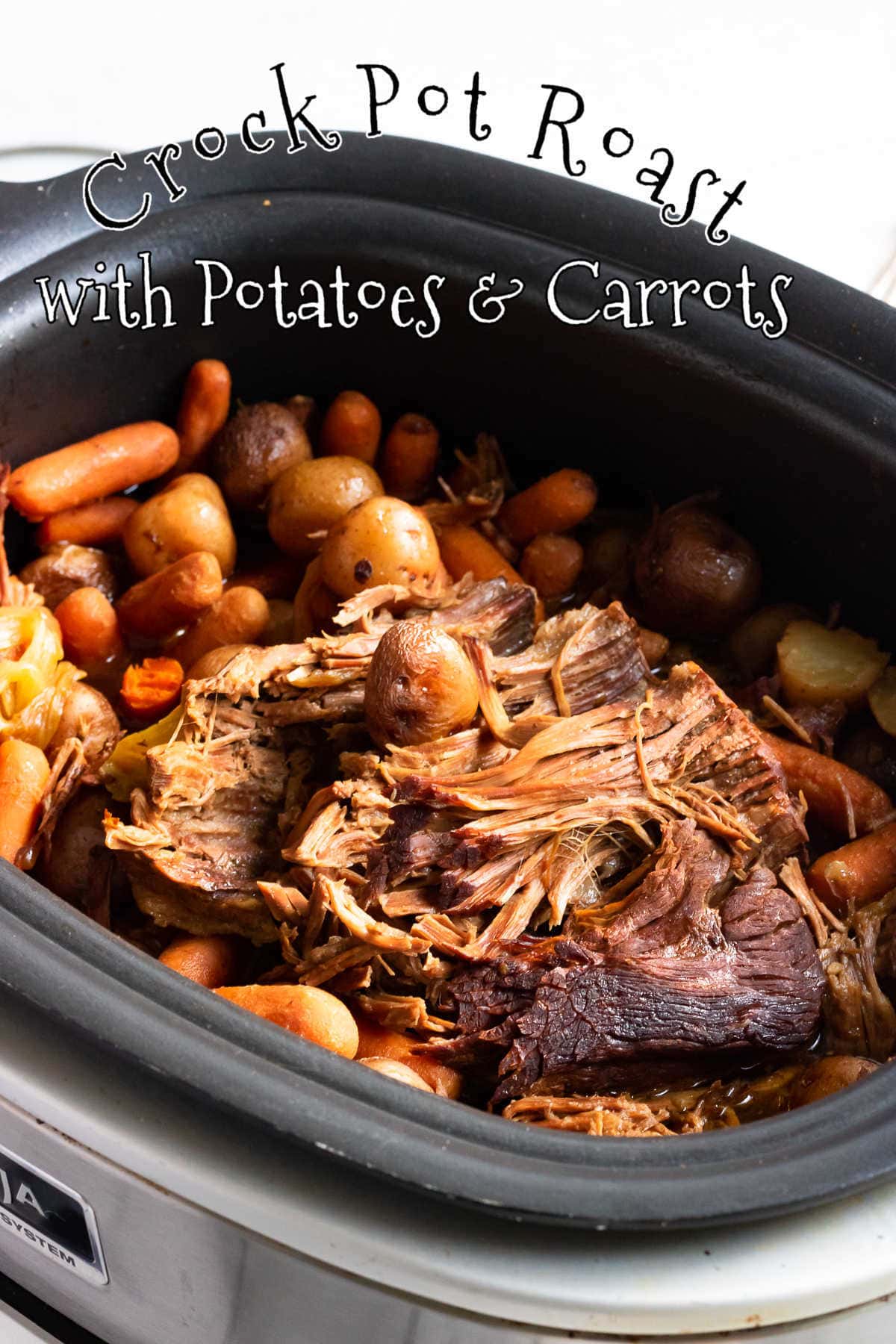 Finished roast and vegetables in a slow cooker with title text overlay.