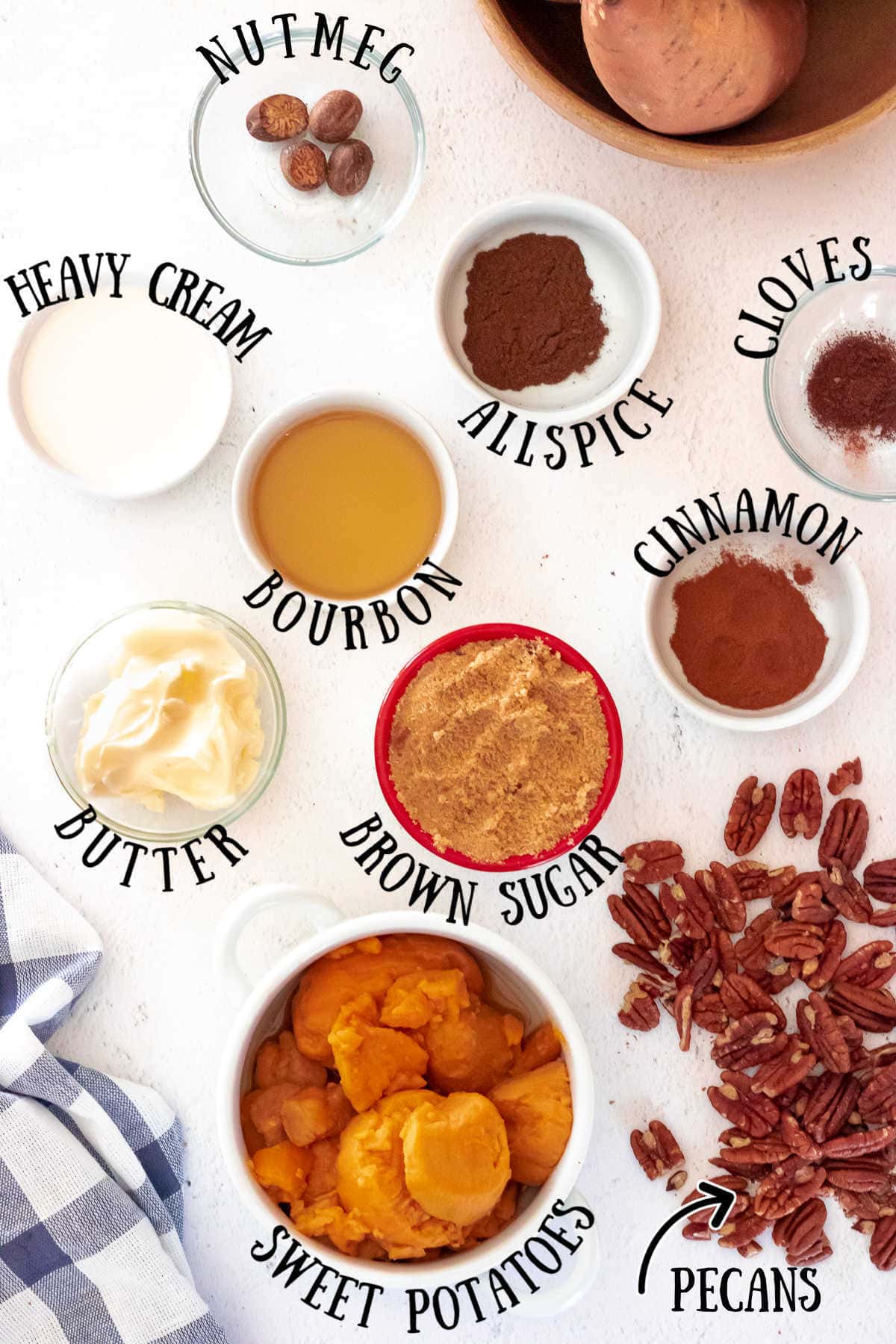 Labeled ingredients for sweet potato crunch recipe.