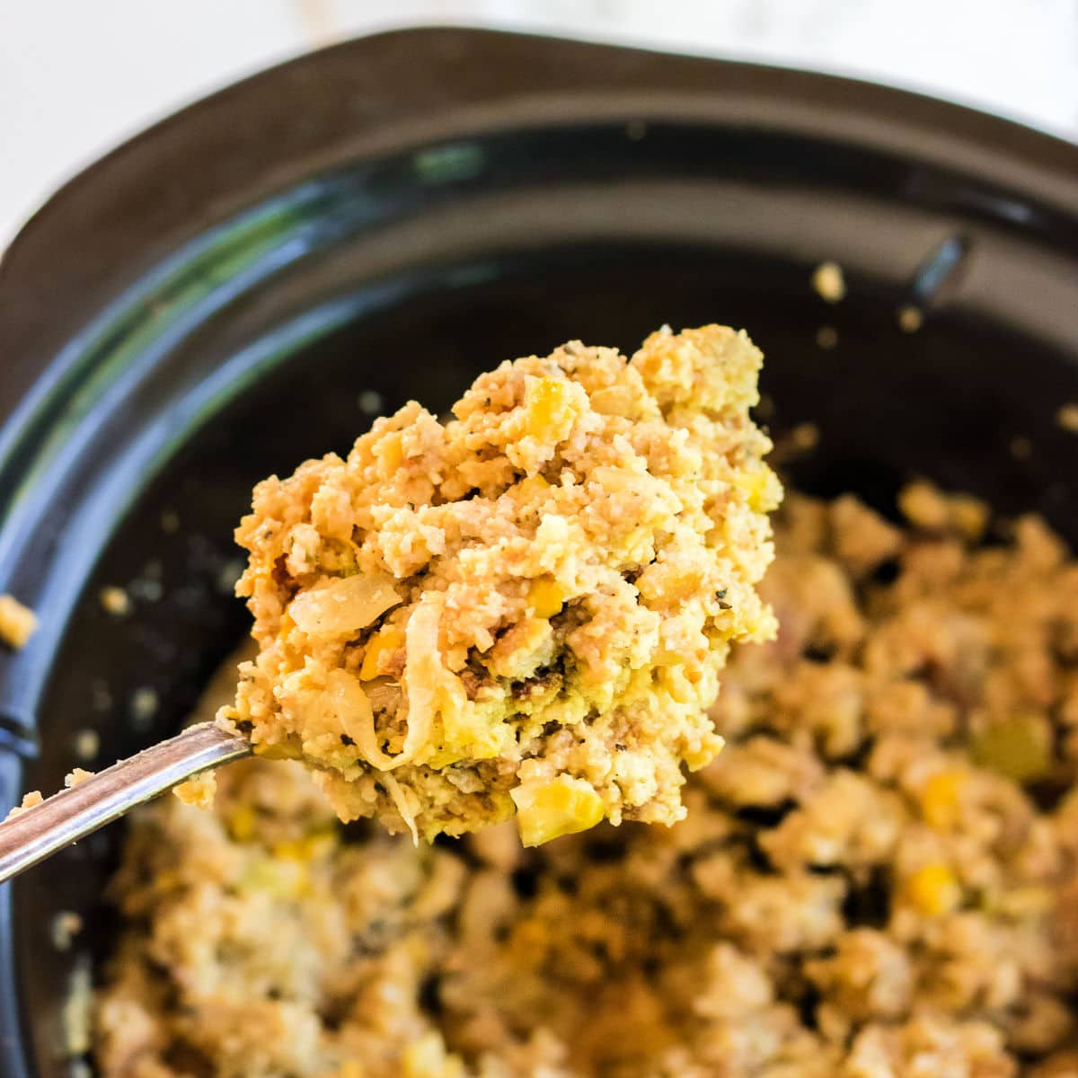 Closeup of a serving of cornbread dressing.