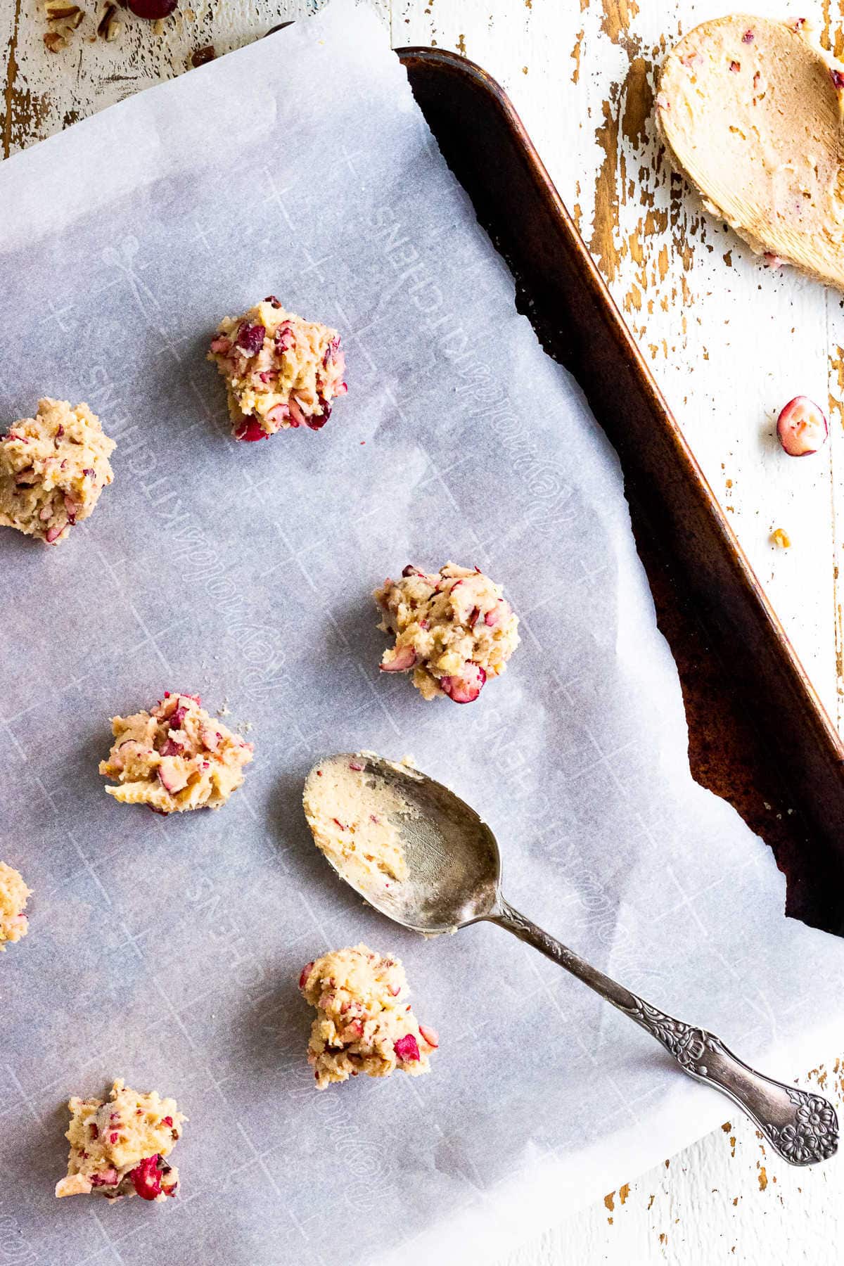 Cookie dough on a cookie sheet.