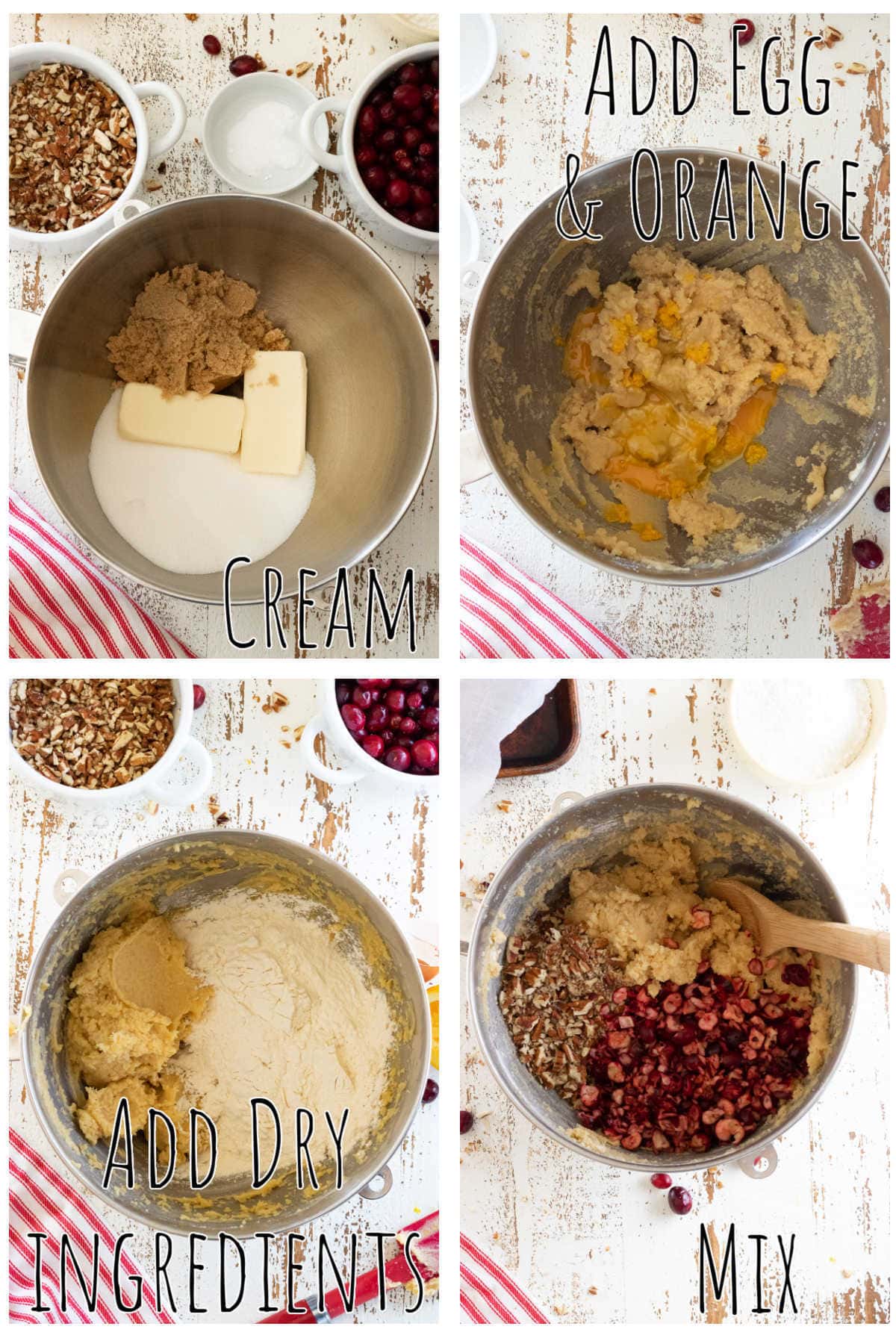 Step by step images for making cranberry cookies.