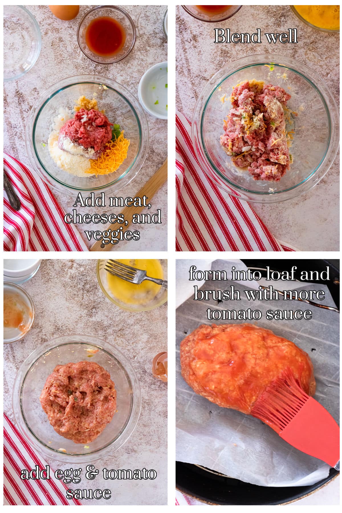 Step by step images for making the keto meatloaf recipe.