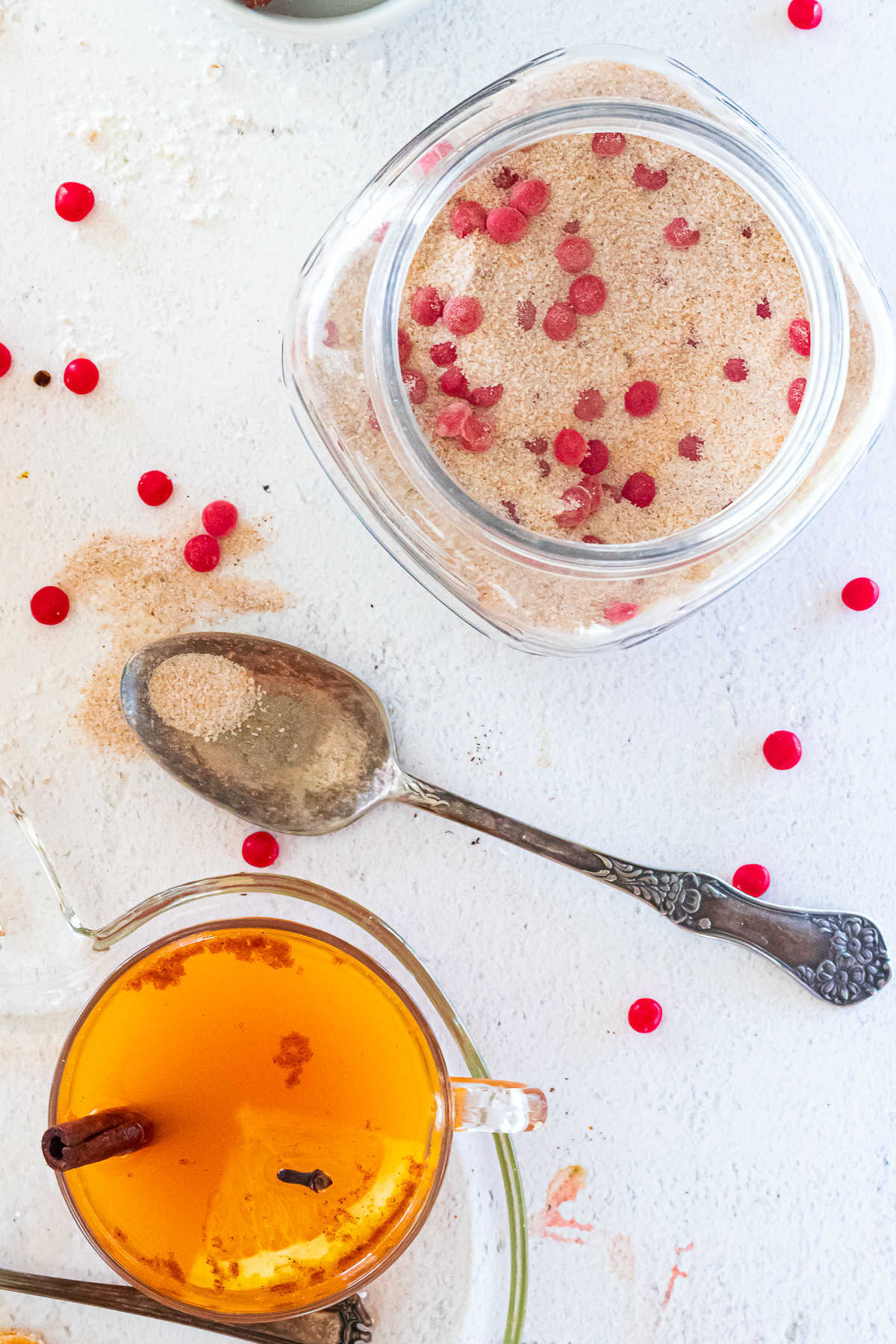 Overhead view of tea mix and prepared tea in a cup.