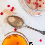 Overhead view of cup of tea and container with mix. Text overlay for Pinterest.