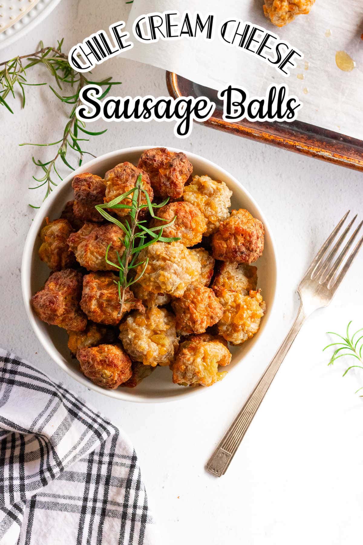 Overhead view of sausage balls with title text overlay.