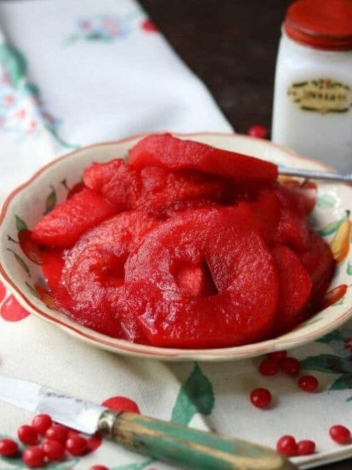 Cinnamon spiced apples in a bowl.
