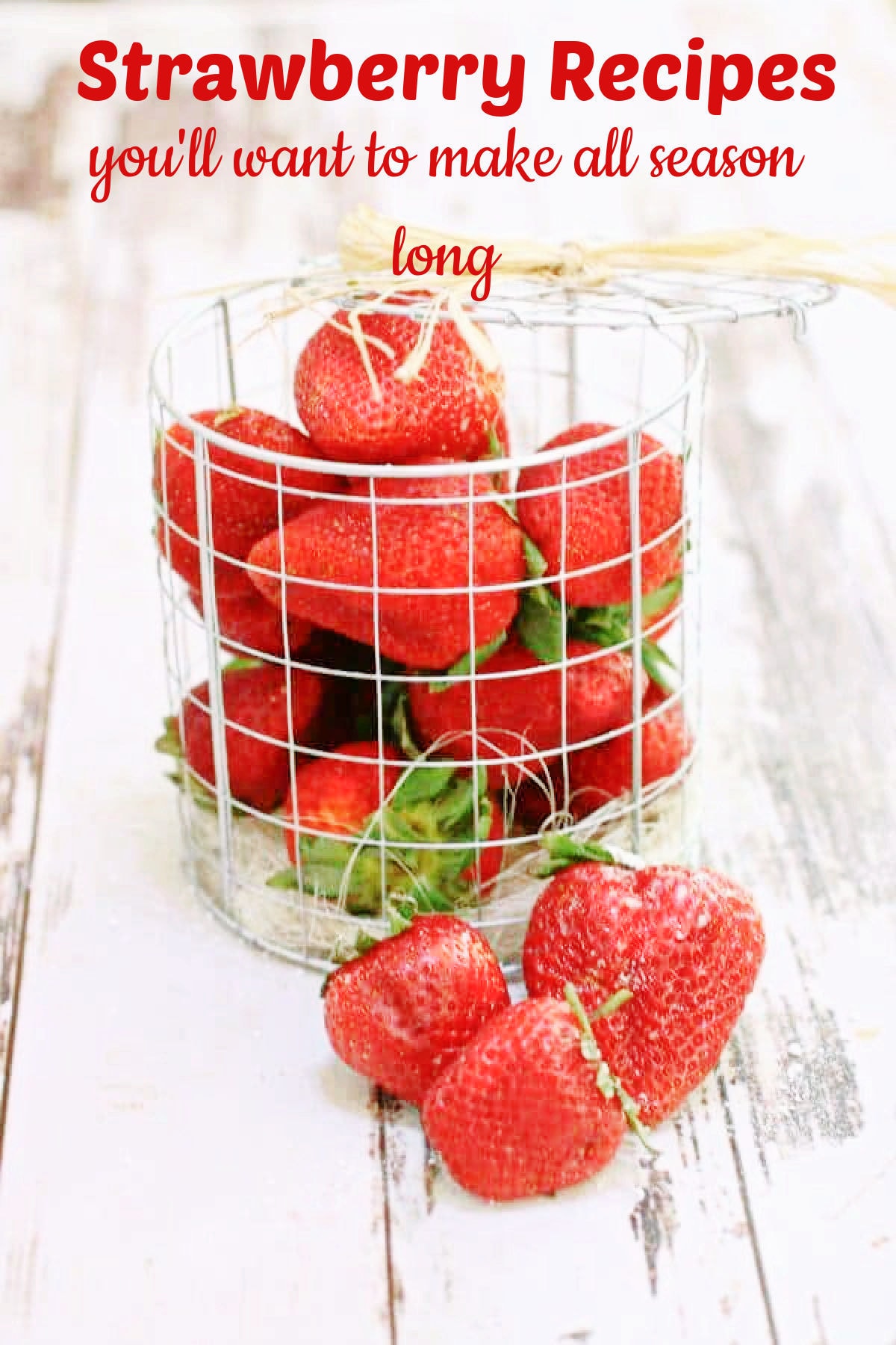 Fresh strawberries in a wire basket with title text overlay.