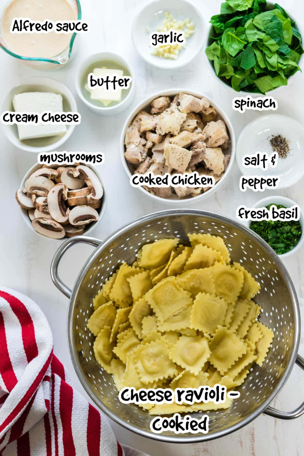 Labeled ingredients for the chicken Alfredo ravioli recipe.