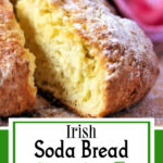 Wedge of soda bread cut to show texture. Text overlay for Pinterest.