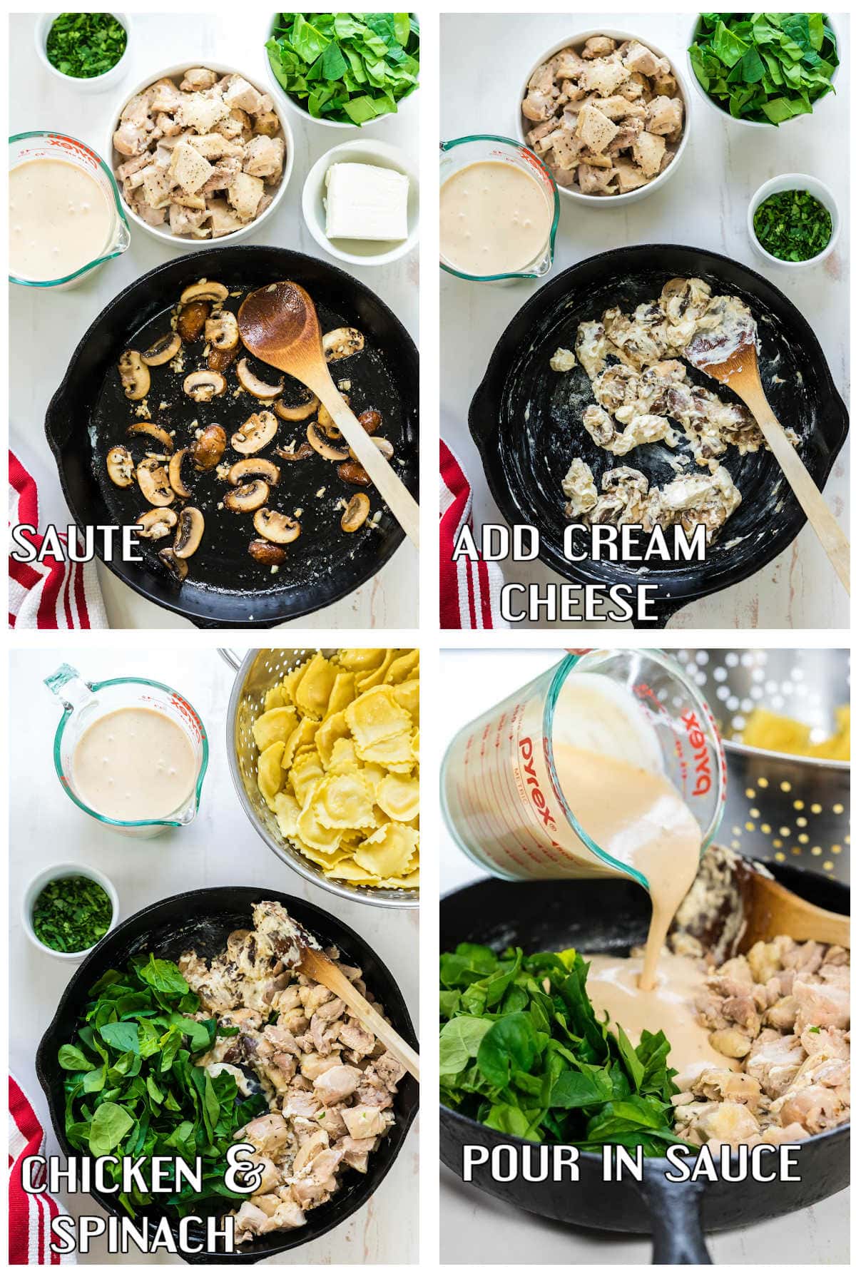 Collage of images showing steps to make chicken Alfredo ravioli.